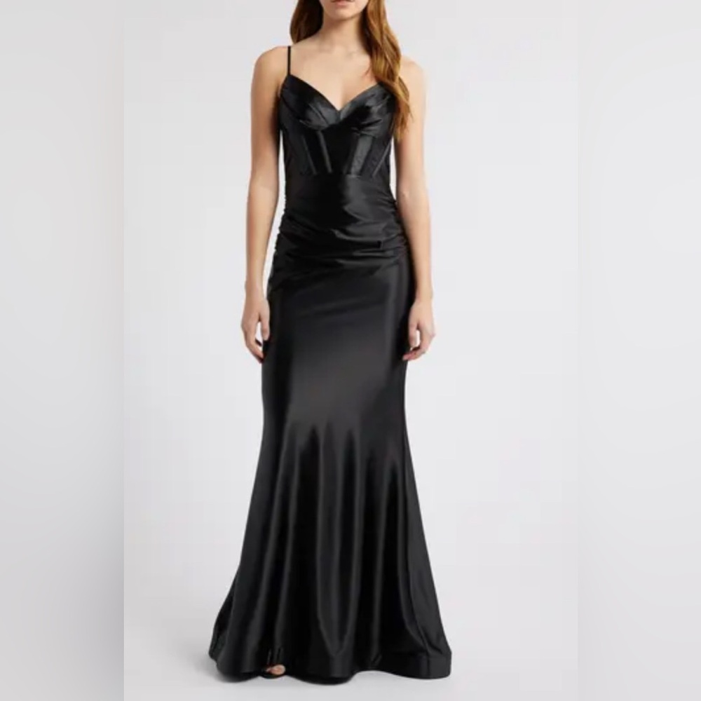 City Studio Satin Black Trumpet Dress With Back Detail